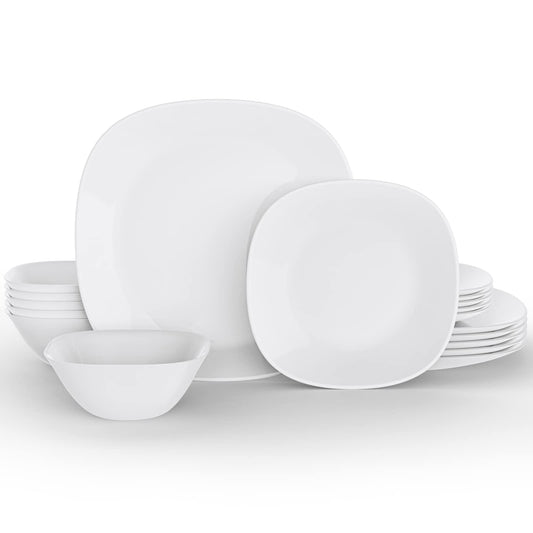 Dinnerware Set, MEKY 18-piece Opal Dishes Sets Service for 6,Square Plates and Bowls Set-White