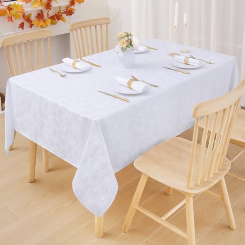 Moosfor Rectangle Tablecloth 60x102 Inch, Waterproof Damask Jacquard Table Cloth, Washable Fabric Table Covers for Dining, Parties, Indoor and Outdoor, White