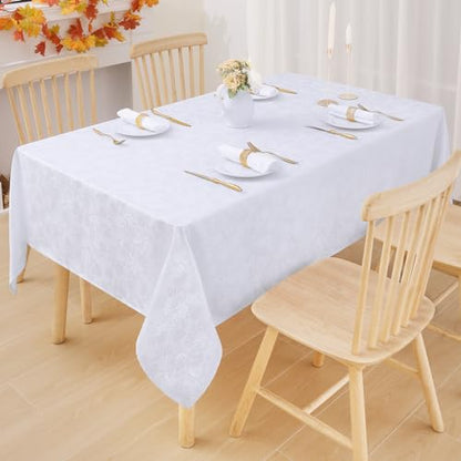 Moosfor Rectangle Tablecloth 60x102 Inch, Waterproof Damask Jacquard Table Cloth, Washable Fabric Table Covers for Dining, Parties, Indoor and Outdoor, White