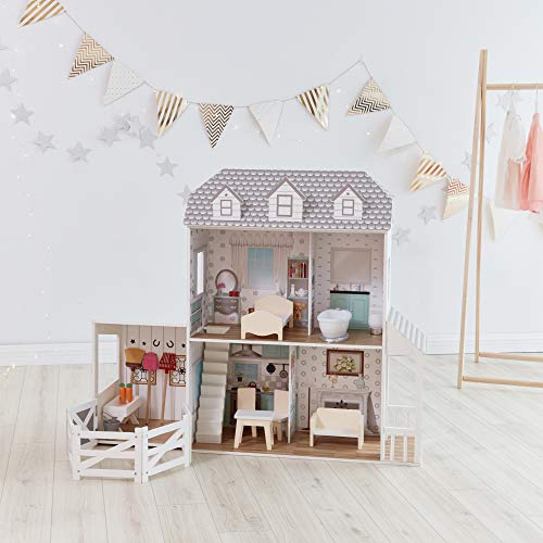 Teamson Kids Wooden Dollhouse with Furniture Set