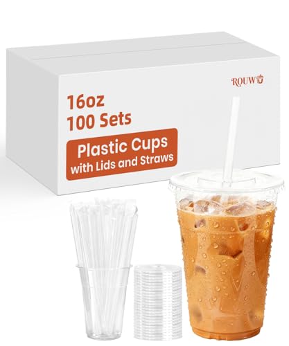 100 Pack 16 oz Plastic Cups with Lids and Straws