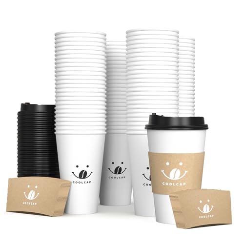 100 Pack 12 oz Disposable Coffee Cups with Lids and Sleeves, To Go Coffee Cups with Lids, Paper Hot Coffee Cups for Hot & Cold Beverage (White, 12 OZ)