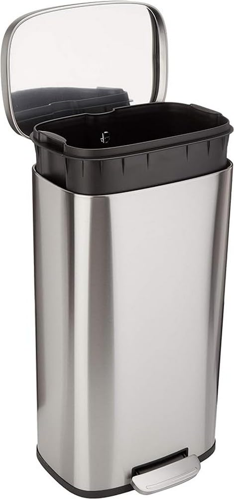 Amazon Basics Smudge Resistant Rectangular Trash Can With Soft-Close Foot Pedal, Brushed Stainless Steel, 30 litre/7.9 Gallon, Satin Nickel Finish, 13.8"L x 11.8"W x 25"H