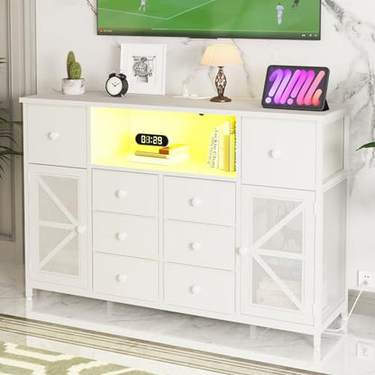 HDDDZSW White Dresser for Bedroom with Charging Station and LED Lights, Chest of Drawers for Bedroom with 8 Fabric Drawers and 2 Doors, Dressers Storage TV Stand for Bedroom, Living Room