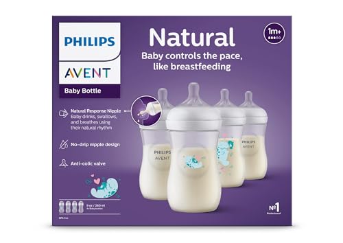 Philips AVENT Natural Baby Bottles with Natural Response Nipple, with Manatee Design, 9oz, 4pk, SCY903/61