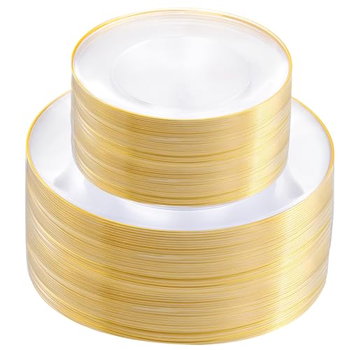 100 Pack Gold Rim Plastic Dinner and Dessert Plates