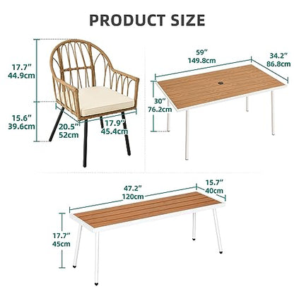 YITAHOME 8 Pieces Outdoor Patio Dining Set with Wicker Patio Dining Chair, Backless Bench & Table with Umbrella Hole, Garden Dining for Patios, Backyard, Balcony, Lawn