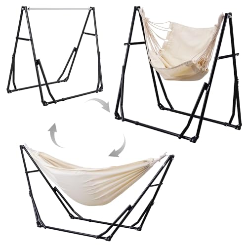 OVASTLKUY 3 in 1 Hammock with Stand, Outdoor Hammock Swing Chair with Portable Heavy Duty Stand, 3 Modes Hammock Stand 480 lbs Weight Capacity (Beige)