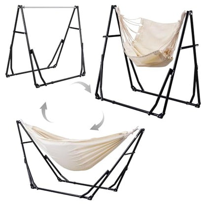OVASTLKUY 3 in 1 Hammock with Stand, Outdoor Hammock Swing Chair with Portable Heavy Duty Stand, 3 Modes Hammock Stand 480 lbs Weight Capacity (Beige)