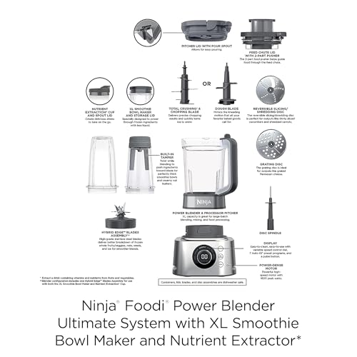 Ninja Blender and Food Processor Combo, Foodi Power Blenders For-Kitchen and Personal Size, Smoothie Maker, 6 Functions for-Bowls, Spreads, Shakes, 72-oz. Glass Pitcher and To-Go Cups, Silver SS401