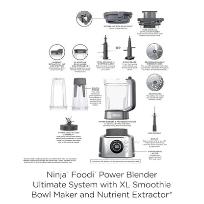 Ninja Blender and Food Processor Combo, Foodi Power Blenders For-Kitchen and Personal Size, Smoothie Maker, 6 Functions for-Bowls, Spreads, Shakes, 72-oz. Glass Pitcher and To-Go Cups, Silver SS401