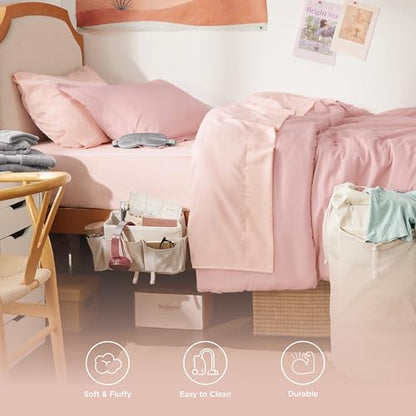 Bedsure Twin XL Comforter Set for College - 14 PCS Pink Dorm Bed Set, Bed in a Bag with Comforter, College Linens, Pillowcase & Sham, Towel, Mattress Protector, Bedside Caddy, Laundry Bag and Eye Mask