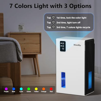 NineSky Dehumidifier for Home, 85 OZ Water Tank, (800 sq.ft) Dehumidifiers for Bathroom Bedroom Basement with Auto Shut Off,7 Colors LED Light(White)