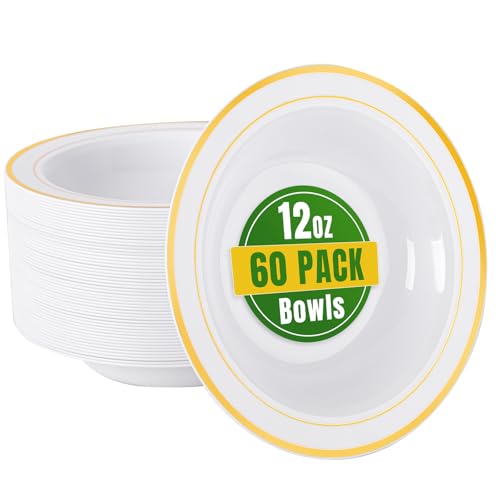 60 Pack Plastic Disposable Soup Bowls with Gold Rim
