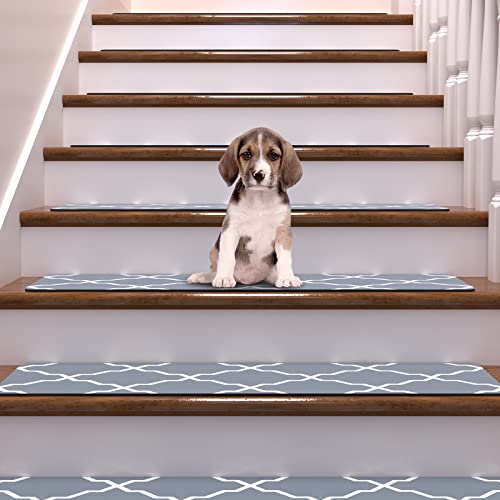 Non-Slip Stair Treads for Wooden Steps Stair Treads Carpet Indoor, 15 pcs 8 * 30 inch, Rubber Backing Repeated Use No Glue Quick-Dry Machine Washable, for Baby Pets, Grey Plaid