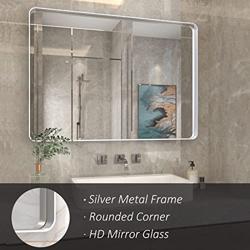 ODDSAN 48x 30 Brushed Nickel Frame Bathroom Mirror for Wall, Modern Brushed Metal Rectangle Vanity Mirror, Rounded Corner, Shatterproof, Anti-Oxidation (Horizontal/Vertical)