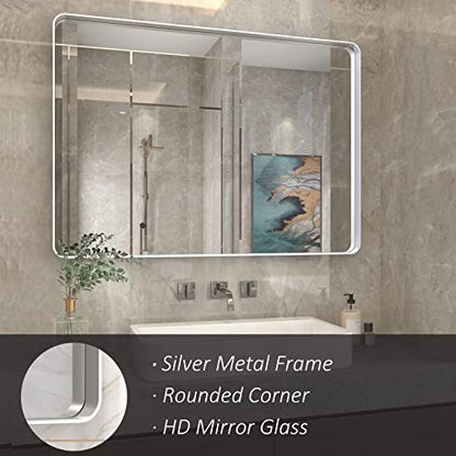 ODDSAN 48x 30 Brushed Nickel Frame Bathroom Mirror for Wall, Modern Brushed Metal Rectangle Vanity Mirror, Rounded Corner, Shatterproof, Anti-Oxidation (Horizontal/Vertical)