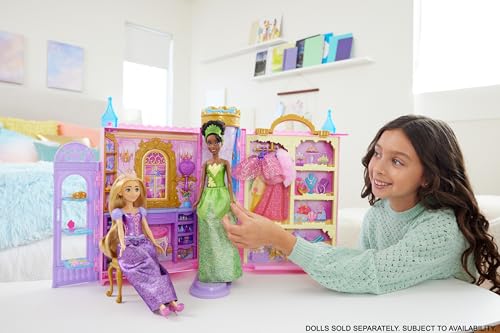 Mattel Disney Princess Toys, Doll Closet Playset with 2 Fashions, 25 Accessories, Vanity, Dressing Room, Runway & Storage, Opens to 2 Feet, Movie-Inspired