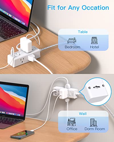 Power Strip Surge Protector - 6 Widely Outlets with 3 USB Ports (1 USB C), 3-Side Outlet Extender Strip, 5 Ft Extension Cord Flat Plug, Wall Mount Small Power Strip for Travel Home Office College Dorm