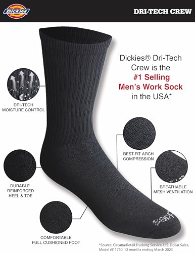 Dickies Men's Dri-Tech Essential Moisture Control Crew Socks, Available in M-XXL (6, Solid Black (12 Pairs), Medium