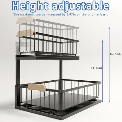 QINFZY 2 Tier Under Sink Organizer Bathroom, L Shaped Adjustable Under Sink Organizers and Storage, Metal Pull Out Under Cabinet Organizer for Bathroom Kitchen