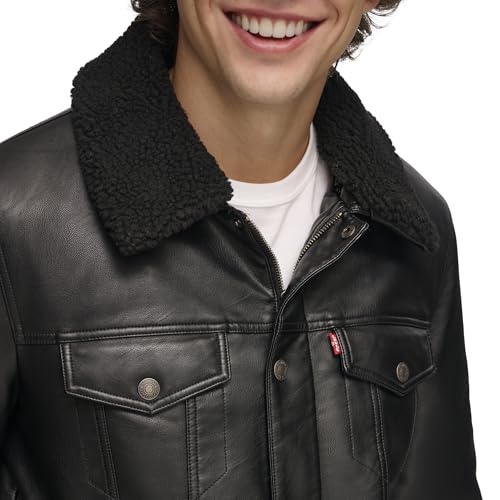 Levi's Men's Faux Leather Classic Trucker Jacket, Black W/Sherpa Collar, M
