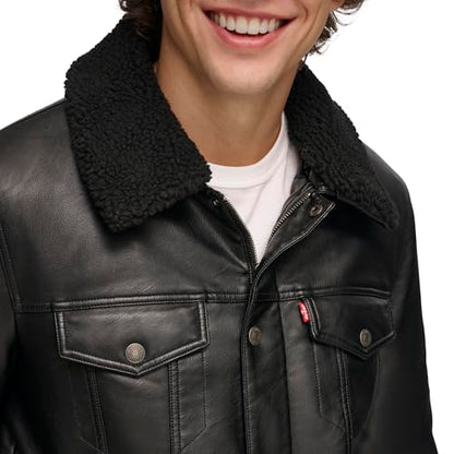 Levi's Men's Faux Leather Classic Trucker Jacket, Black W/Sherpa Collar, M