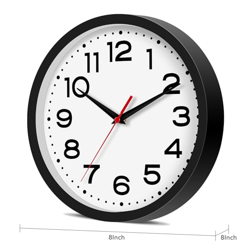 Roymnie Wall Clock Silent Non-Ticking Modern Clock Battery Operated 8 Inch Small Classic Analog Decorative for Kitchen, Living Room, Office, Bedroom, Bathroom (Black)