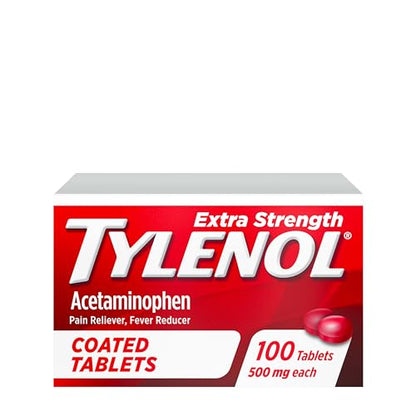 Tylenol Extra Strength Pain Relief Coated Tablets for Adults, 500mg Acetaminophen Pain Reliever and Fever Reducer per Tablet for Minor Aches, Pains, and Headaches, 100 ct