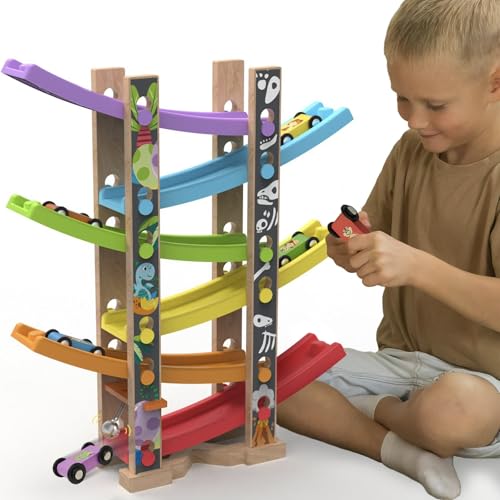 Dinosaur Wooden Car Ramp Racer Toy with 6 Cars