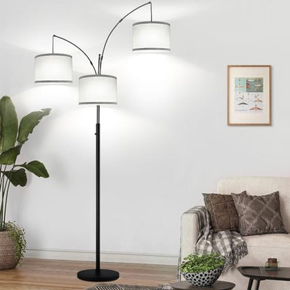 Dimmable Floor Lamp, 3 Lights Arc Floor Lamps for Living Room, Modern Tall Standing Tree Lamp with Gray Linen Shade & Heavy Base, Large Floor Lamp for Bedroom Office, 3x1000 LM LED Bulbs Included