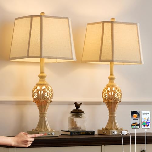 2 Pack Farmhouse Table Lamps with USB and Outlet