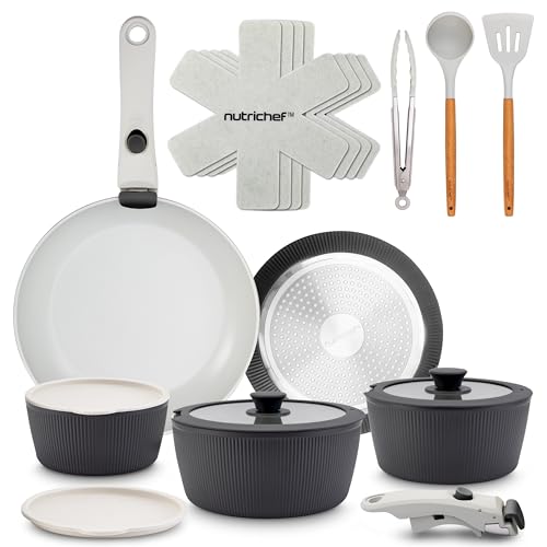 18-Piece Ceramic Nonstick Cookware Set with Detachable Handles