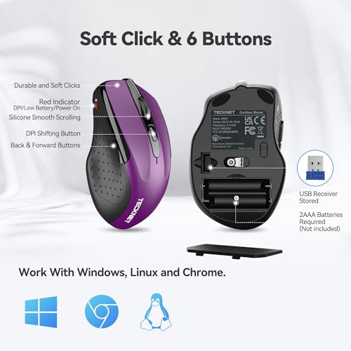 TECKNET Wireless Mouse, 2.4G Ergonomic Optical Mouse, Computer Mouse for USB-A Laptop, PC, Computer, Chromebook, Notebook, 6 Buttons, 24 Months Battery Life - Purple