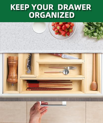 Wood Bamboo Drawer Organizer Set - Stackable Utensil Holders for Kitchen, Silverware Tray for Drawer - Versatile Storage Box Set for Bathroom, Office, and Makeup Organization (Set of 6)