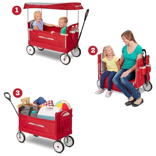 Radio Flyer 3-in-1 EZ Fold Wagon; Red Folding Wagon with Canopy; Collapsible Wagon for Kids, Cargo, & Garden