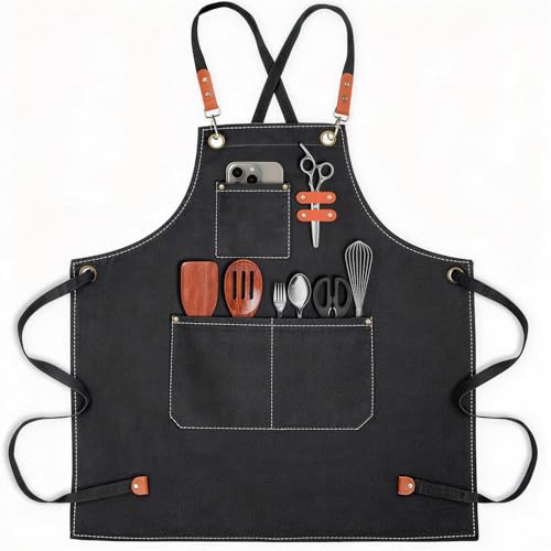 Cross Back Cotton Canvas Chef Apron with Pockets