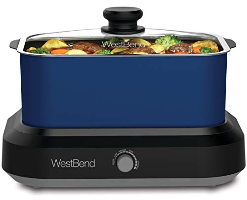 West Bend 87905B Slow Cooker Large Capacity Non-stick Vessel with Variable Temperature Control Includes Travel Lid and Thermal Carrying Case, 5-Quart, 760 watts, Blue