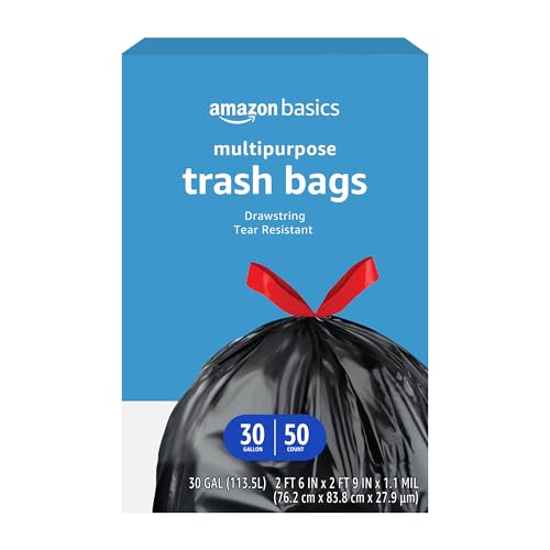 50 Count Amazon Basics 30 Gallon Drawstring Trash Bags