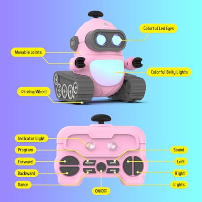 GILOBABY Robot Toys for Girls, Rechargeable Remote Control Robot Toy for Kids, Programmable RC Robots with LED Eyes, Flexible Head & Arms, Dance Moves, Music, Birthday Gifts for Girls Ages 3+ Years