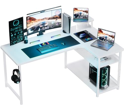 L Shaped Gaming Desk with Monitor Arm and Storage Shelf