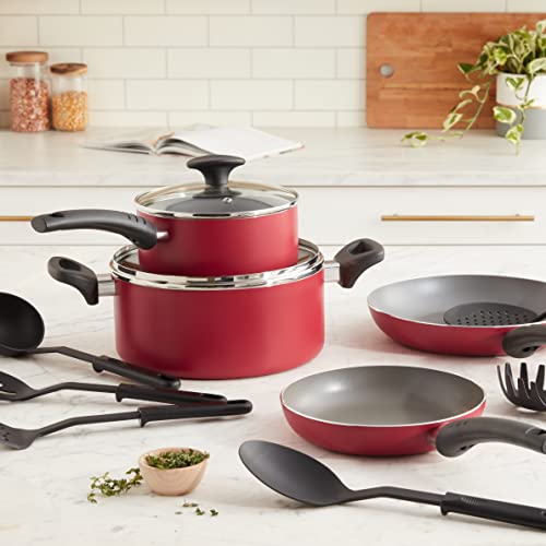 BELLA Cookware Set, 12 Piece Pots and Pans with Utensils, Nonstick Scratch Resistant Cooking Surface Compatible with All Stoves, Nylon and Aluminum, Red