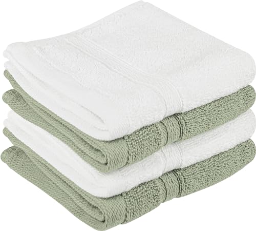 Towel and Linen Mart 100% Cotton - Wash Cloth Set - Pack of 4,Luxurious, Absorbent,Soft Feel Perfect for Daily Use (12 x 12 White & Sage Green)