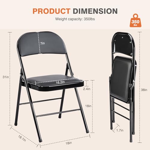 Sweetcrispy Folding Chair 4 Pack, Leather Padded Folding Chairs, Sturdy Metal Foldable Chairs, Easy to Use and Store, Outdoor and Indoor, for Home, Office, Party, Comfy, Black