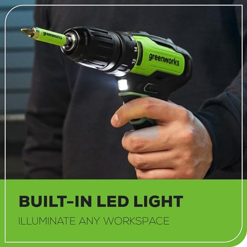 Greenworks 24V Brushless Cordless Drill Kit, 310 in./lbs, 18+1 Position Clutch, 1/2 '' Keyless Chuck, Variable Speed, (2)2Ah Batteries with 2A Fast Charger, LED Light with Tool Bag