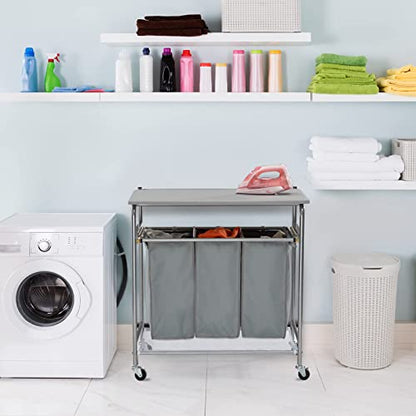 ALIMORDEN Laundry Sorter with Sturdy Ironing Board and Folding Table Top Lid, Laundry Hamper Organizer with 4 Wheels for Laundry Room Grey
