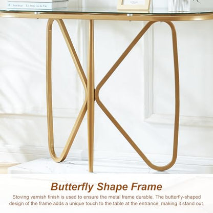 HOMISSUE Console Table, Modern Console Table with Tempered Glass Top and Metal Frame, Glass Entryway Table with Marbled MDF Base, Console Table for Entryway, Hallway, Living Room (Gold&Clear Glass)