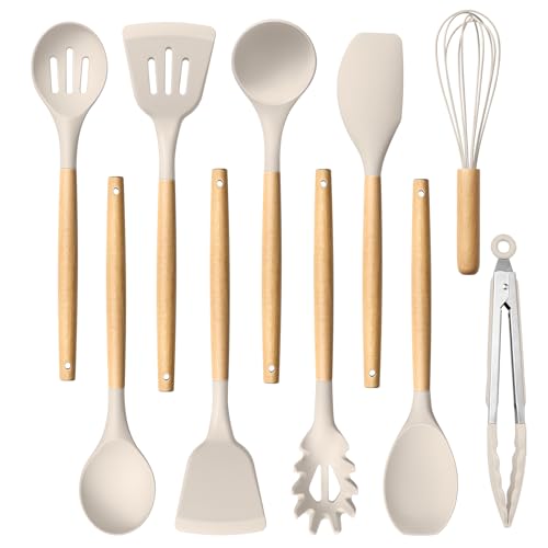 10 Piece Silicone Cooking Utensil Set with Wooden Handles