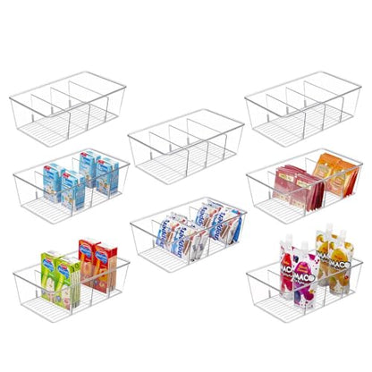 Flyxiregg Clear Pantry Organizer Bins with Dividers - 8 Pack Refrigerator Organizer Containers, Perfect for Pantry Organization or Kitchen Storage, BPA Free