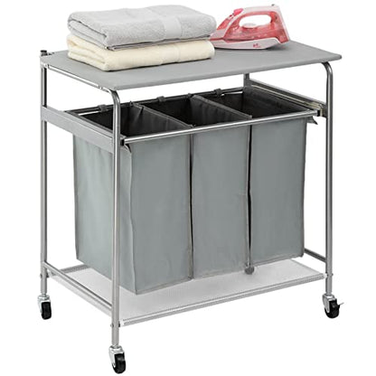 ALIMORDEN Laundry Sorter with Sturdy Ironing Board and Folding Table Top Lid, Laundry Hamper Organizer with 4 Wheels for Laundry Room Grey